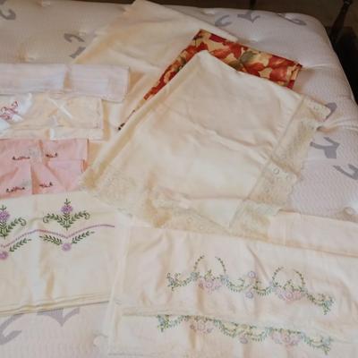 EMBROIDERED PILLOW CASES & TEA TOWELS, LINEN TABLECLOTHS