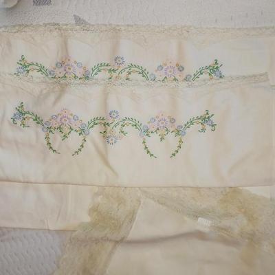EMBROIDERED PILLOW CASES & TEA TOWELS, LINEN TABLECLOTHS