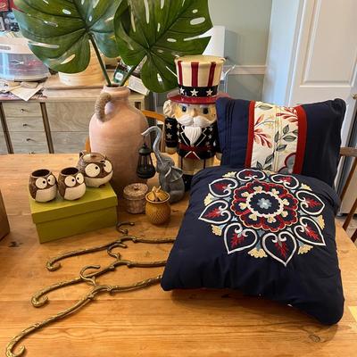 Big Decorative Lot - Brass Hangers, Large Vase, New Throw Pillows + More