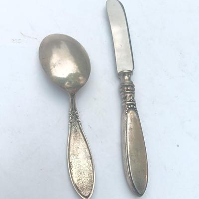 Sterling child's spoon with matching knife stainless blade initialed SDB