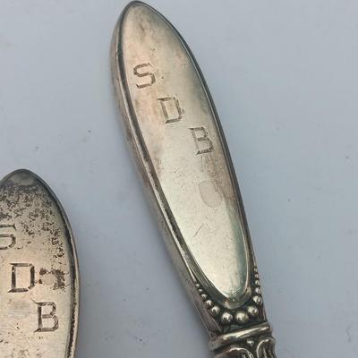 Sterling child's spoon with matching knife stainless blade initialed SDB