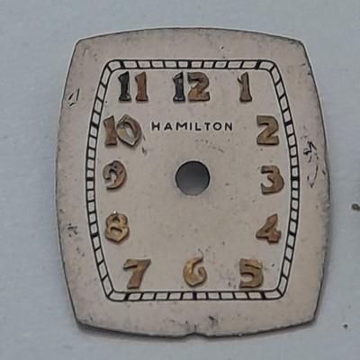Antique watch faces Lura iridescent pearl like face and Hamilton retro art deco face