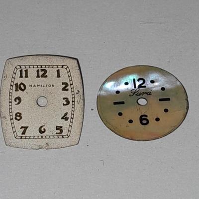 Antique watch faces Lura iridescent pearl like face and Hamilton retro art deco face
