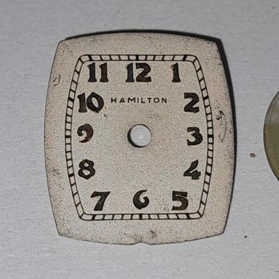 Antique watch faces Lura iridescent pearl like face and Hamilton retro art deco face