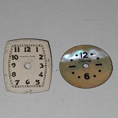 Antique watch faces Lura iridescent pearl like face and Hamilton retro art deco face