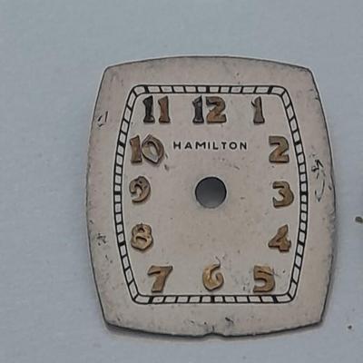 Antique watch faces Lura iridescent pearl like face and Hamilton retro art deco face