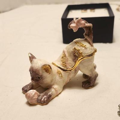 Jewelry lot including Hand painted cat enamel jewel trinket box and vintage & clip earrings