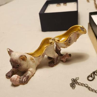 Jewelry lot including Hand painted cat enamel jewel trinket box and vintage & clip earrings