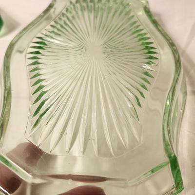 Antique 1930s Uranium Vaseline Glowing Glass Salt Pepper Shakers and serving dish