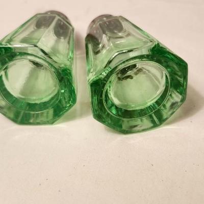 Antique 1930s Uranium Vaseline Glowing Glass Salt Pepper Shakers and serving dish