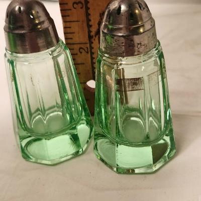 Antique 1930s Uranium Vaseline Glowing Glass Salt Pepper Shakers and serving dish