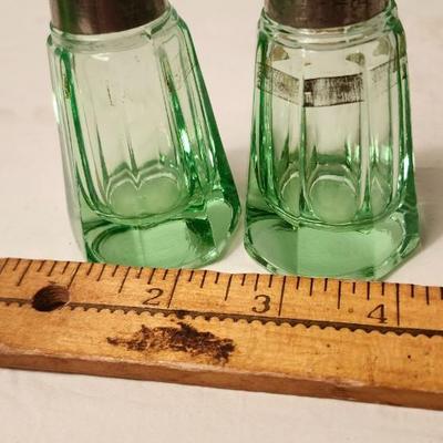 Antique 1930s Uranium Vaseline Glowing Glass Salt Pepper Shakers and serving dish