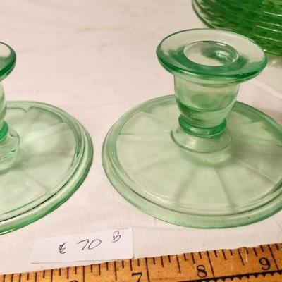 Vintage Uranium Glass lot, with candlestick holders and lunch plates