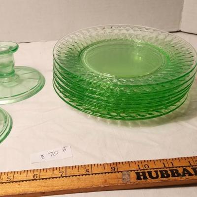 Vintage Uranium Glass lot, with candlestick holders and lunch plates