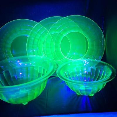 Vintage Uranium Glass lot, with 2 Paneled Bowl and 8 inches plates
