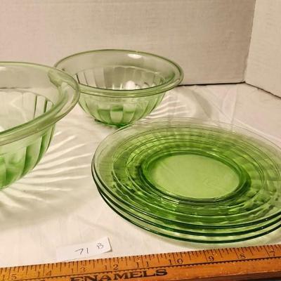 Vintage Uranium Glass lot, with 2 Paneled Bowl and 8 inches plates