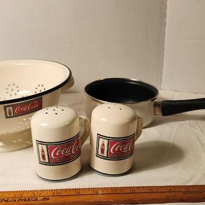 Coca Cola Porcelain Colander and salt and pepper shakersWith Drink Coke Delicious And Refreshing Logo