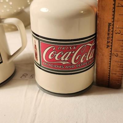 Coca Cola Porcelain Colander and salt and pepper shakersWith Drink Coke Delicious And Refreshing Logo