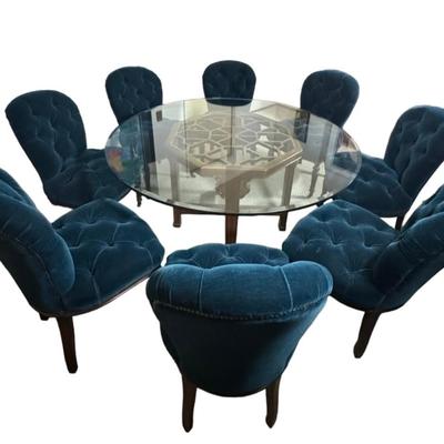 Glass top dining table with 8 velvet chairs