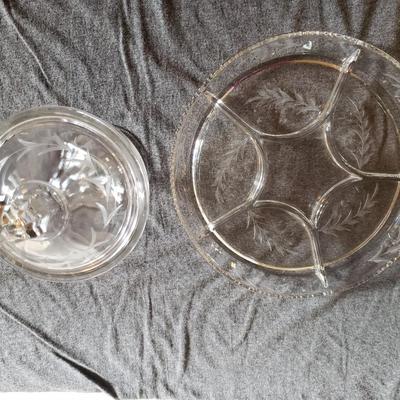 Etched Glass Candy Dish & Divided Plate