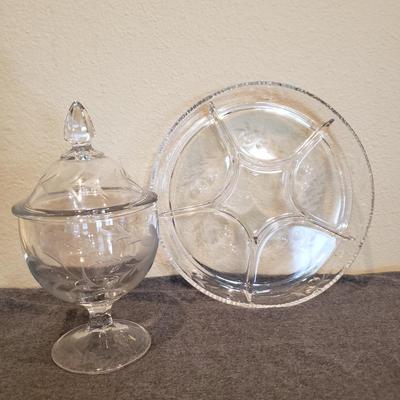 Etched Glass Candy Dish & Divided Plate