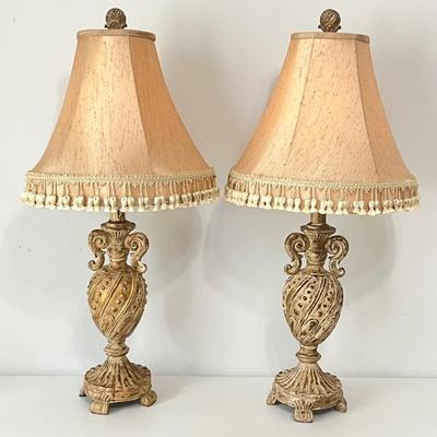 Pair (2) ~ Tuscan Style Table Lamps With Fringe Lampshades