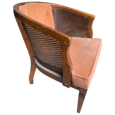 Vintage Dusty Rose Upholstered Cane Back Barrel Chair