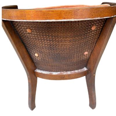 Vintage Dusty Rose Upholstered Cane Back Barrel Chair