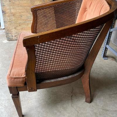 Vintage Dusty Rose Upholstered Cane Back Barrel Chair
