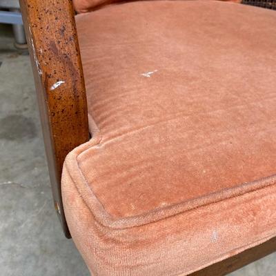 Vintage Dusty Rose Upholstered Cane Back Barrel Chair