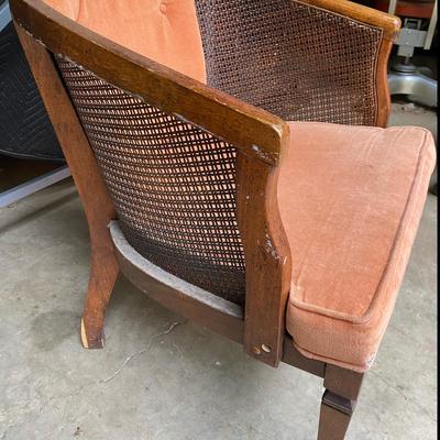 Vintage Dusty Rose Upholstered Cane Back Barrel Chair