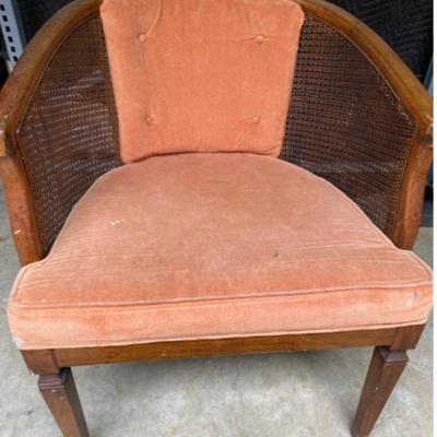 Vintage Dusty Rose Upholstered Cane Back Barrel Chair