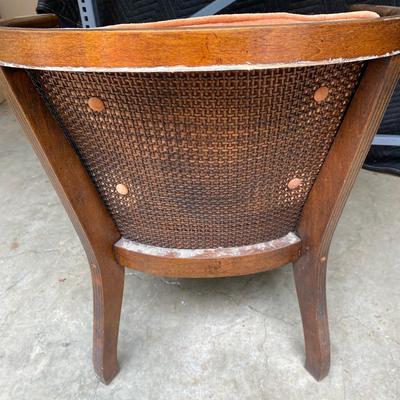 Vintage Dusty Rose Upholstered Cane Back Barrel Chair