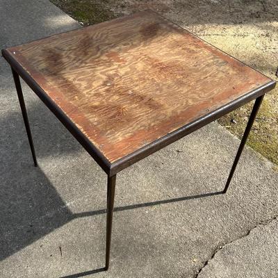Vintage Lyon Steel Art Brown Wood Top Folding Table with Steel Legs