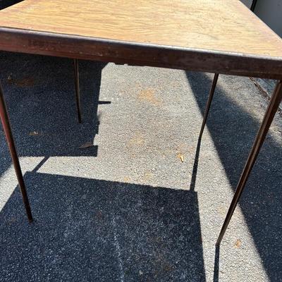 Vintage Lyon Steel Art Brown Wood Top Folding Table with Steel Legs