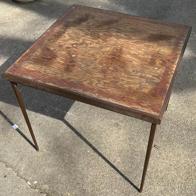 Vintage Lyon Steel Art Brown Wood Top Folding Table with Steel Legs