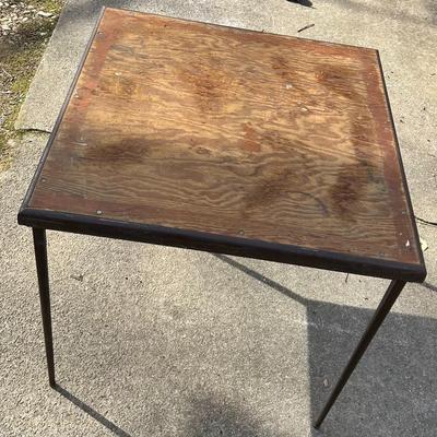 Vintage Lyon Steel Art Brown Wood Top Folding Table with Steel Legs
