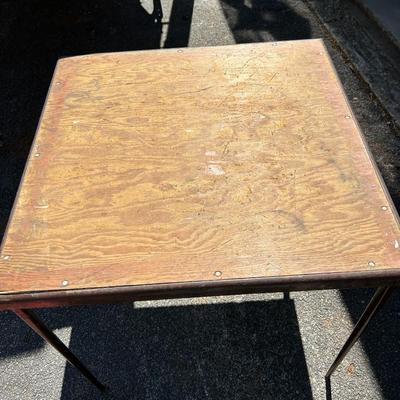 Vintage Lyon Steel Art Brown Wood Top Folding Table with Steel Legs