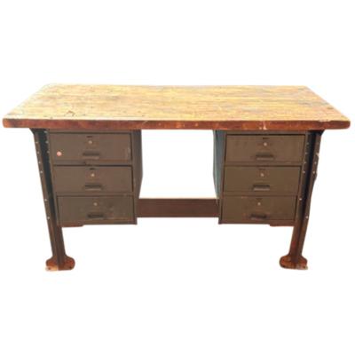 Vintage Lyon Steel Art Industrial Desk with Butcher Block Top & Six Drawers