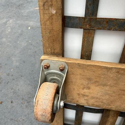 Vintage See-Saw Rolling Warehouse Cart Featuring Metal and Wood Construction
