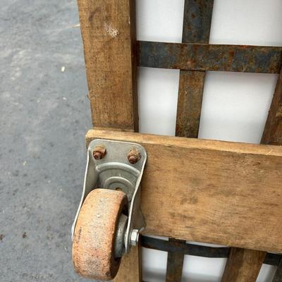 Vintage See-Saw Rolling Warehouse Cart Featuring Metal and Wood Construction