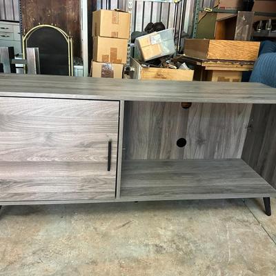 Walker Edison French Oak Gray Entertainment Center with Wood Legs, Single Cabinet