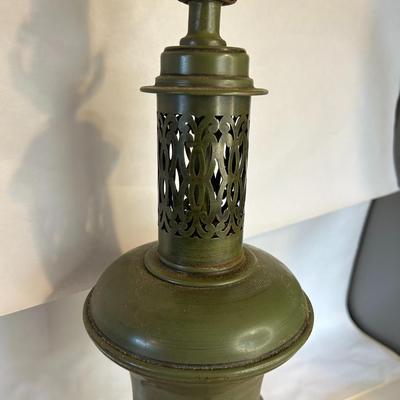 ANTIQUE Green Metal Greek Key Lamp c. Early 1900’s