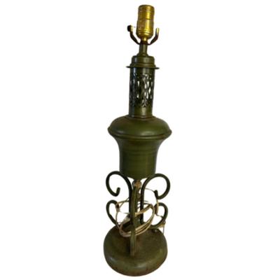 ANTIQUE Green Metal Greek Key Lamp c. Early 1900’s
