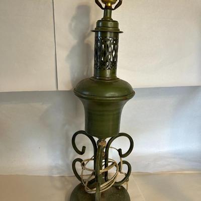 ANTIQUE Green Metal Greek Key Lamp c. Early 1900’s