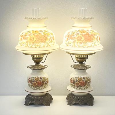 QUOIZEL INC. ~ Pair (2) Vtg. Floral Glass & Metal Hurricane Lamps ~*Read Details