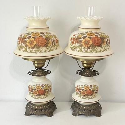 QUOIZEL INC. ~ Pair (2) Vtg. Floral Glass & Metal Hurricane Lamps ~*Read Details