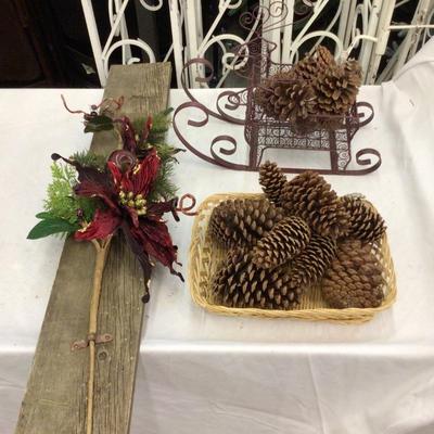 Pine Cones,Board, Metal Reindeer Sleigh Holiday Decor