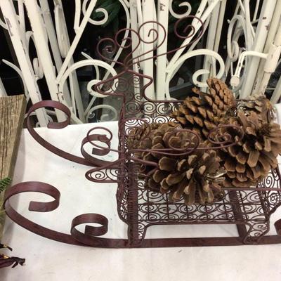 Pine Cones,Board, Metal Reindeer Sleigh Holiday Decor