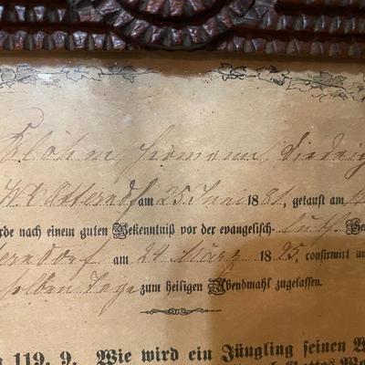 19th Century “Tramp Art” frame with German religious certificate